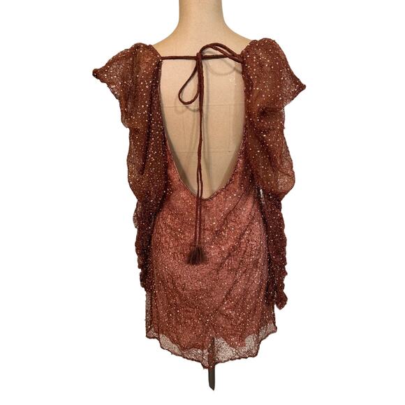 Free People Mini Dress Mademoiselle Brown Beaded Sequin Long Sleeve size Small - Picture 7 of 10